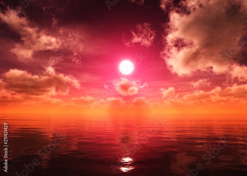 An incredible sunset over the water in the clouds. 3D rendering