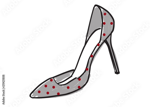 High heel shoe red polka dot vector illustration. Isolated on white. Hand drawn design element. Shoe sketch for cards, stickers, scrapbooking, stationery, shower and more. Fashion, style.