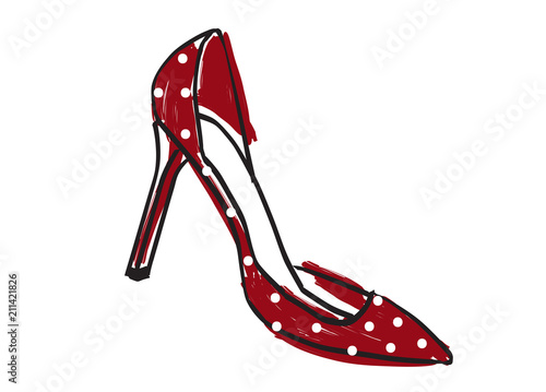 High heel shoe. Red with white dots pump vector illustration isolated on white. Hand drawn design element. Feminine shoe sketch for cards, stickers, scrapbooking, stationery, and more. Fashion, style.