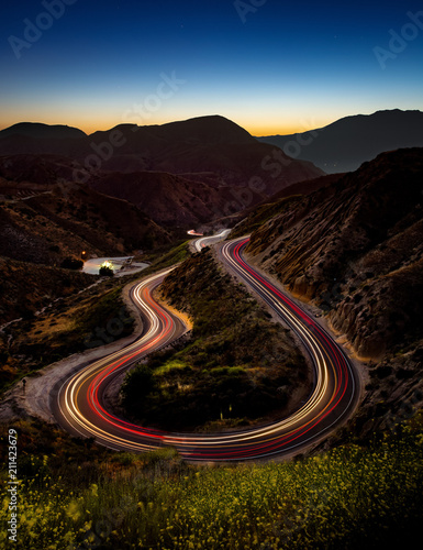 Canyons Near Los Angeles, California During Twilight with a Light Trail