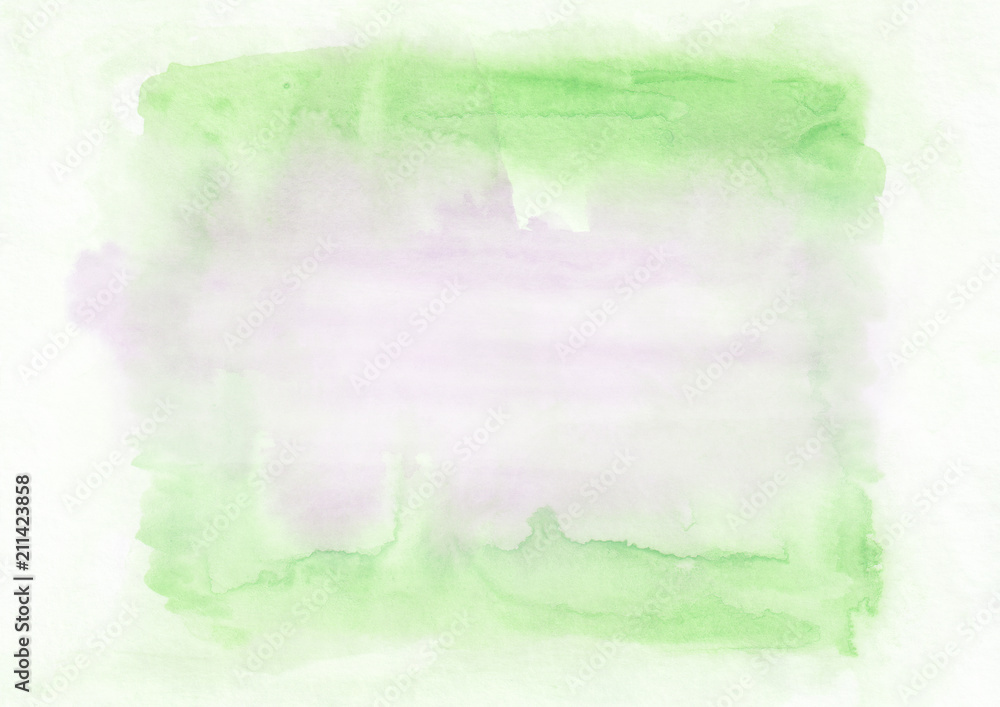Obraz premium Green and pink horizontal watercolor gradient hand drawn background. Middle part is lighter than other sides of image. 