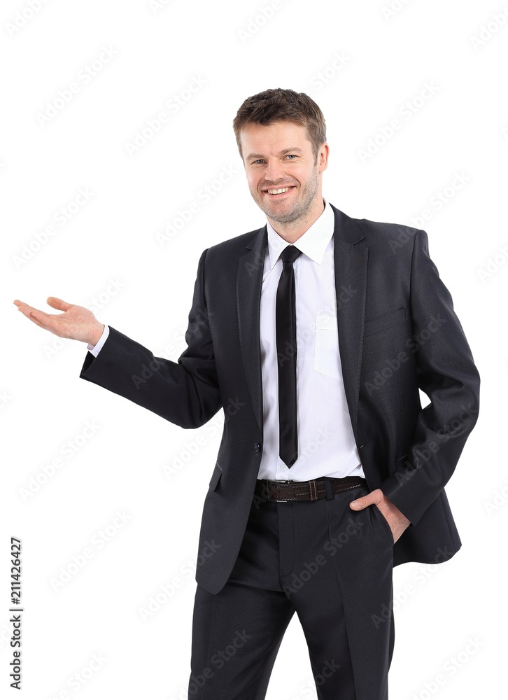 smiling businessman pointing copy space.