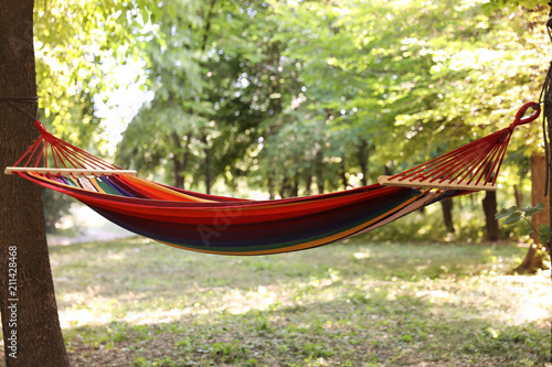 Empty hammock outdoors on sunny day. Summer camp