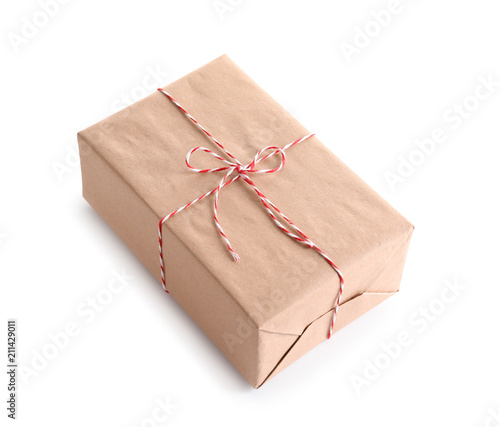 Beautifully wrapped gift box on white background