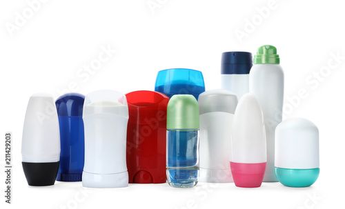 Different deodorants on white background. Skin care