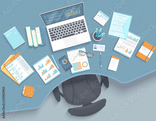 Top view of office workplace with table, armchair, business office supplies, laptop, calendar, notepad, folder, envelope, books. Charts, graphics on a monitor screen. Vector illustration 