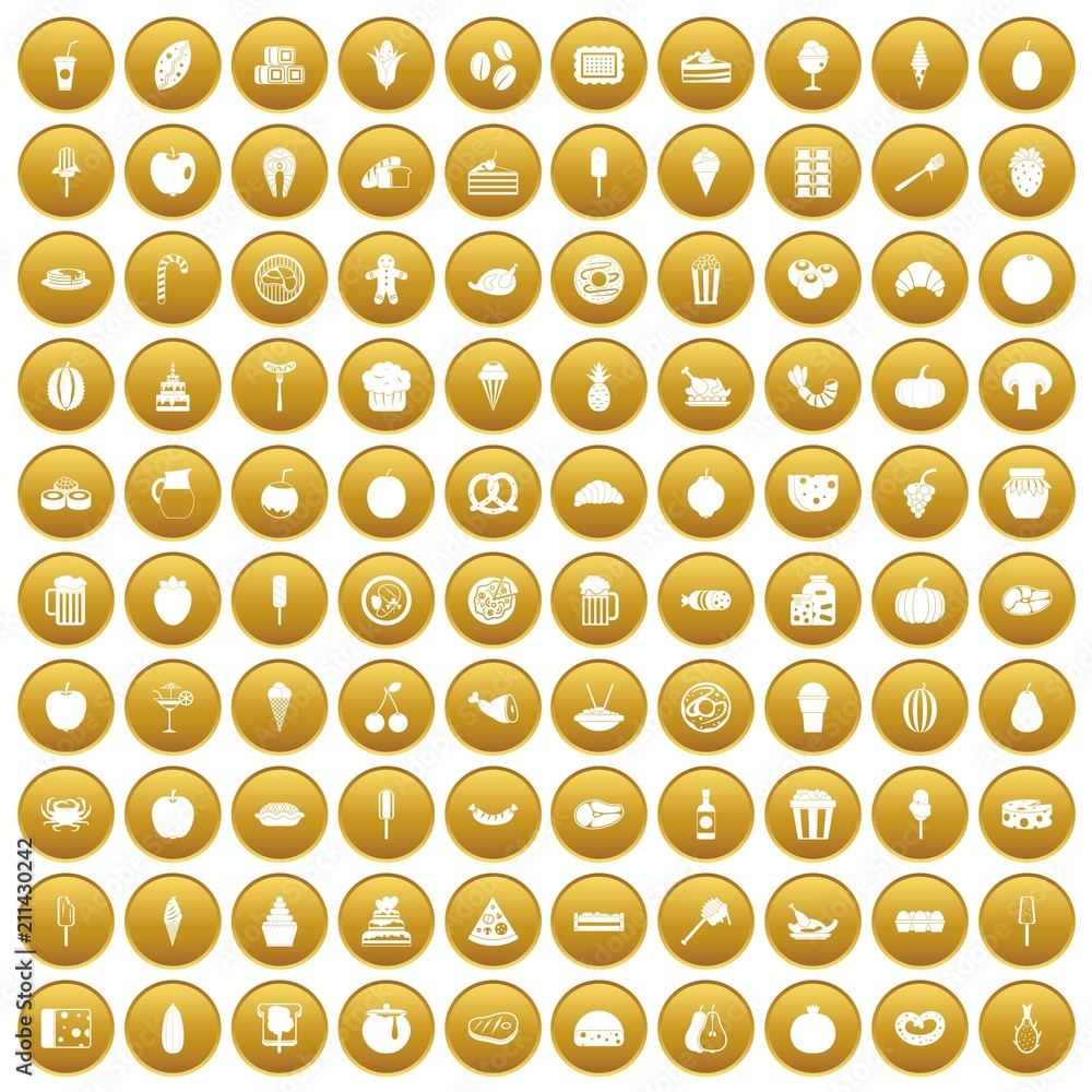 100 tasty food icons set in gold circle isolated on white vector illustration 100 tasty food icons set in gold circle isolated on white vector illustration