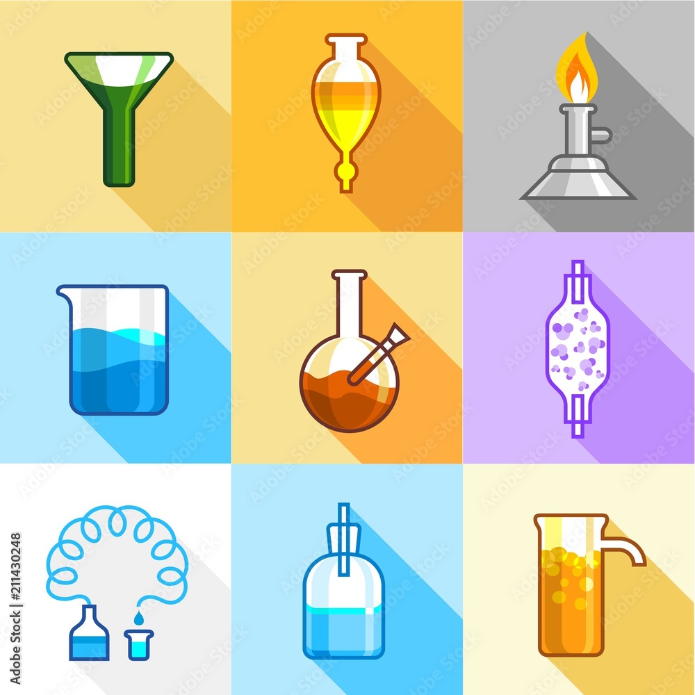 Science equipment icons set. Flat set of 9 science equipment vector icons for web with long shadow Science equipment icons set. Flat set of 9 science equipment vector icons for web with long shadow