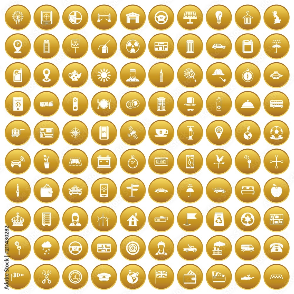 100 taxi icons set in gold circle isolated on white vector illustration 100 taxi icons set in gold circle isolated on white vector illustration