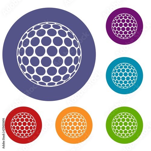 Black and white golf ball icons set in flat circle red, blue and green color for web