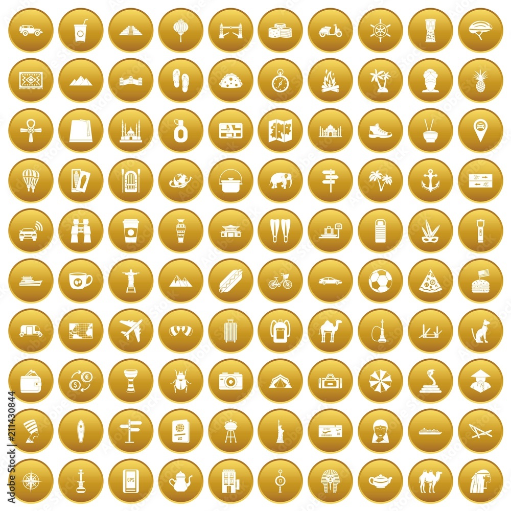100 tourism icons set in gold circle isolated on white vector illustration 100 tourism icons set in gold circle isolated on white vector illustration