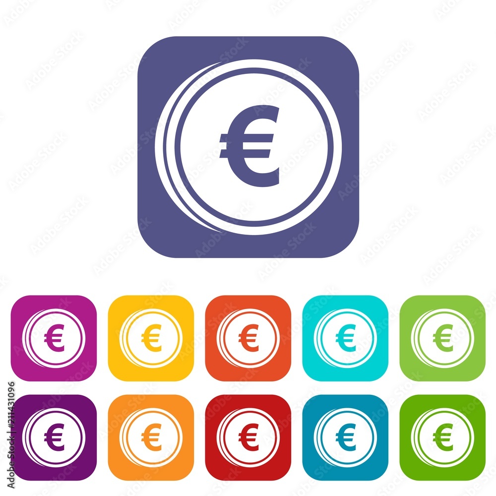 Euro coins icons set vector illustration in flat style in colors red, blue, green, and other Euro coins icons set vector illustration in flat style in colors red, blue, green, and other