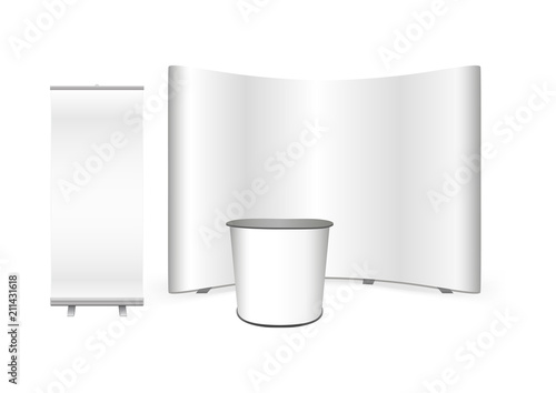 Vector exhibition promo set for an advertising agency. Pop up trade show stand, promotion retail trade stand and roll up banner isolated on the white background