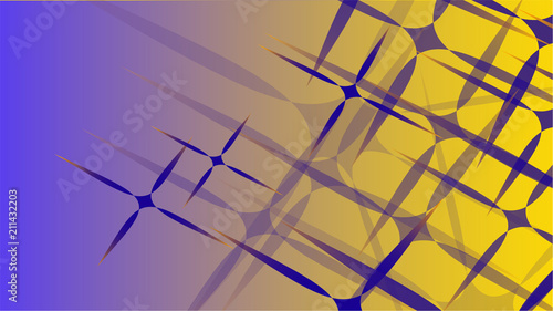 Texture from the transparent blue abstract volumetric fashionable magic of various shapes of light air cosmic carved stars, lines on a yellow gradient background and copy space. Vector illustration.