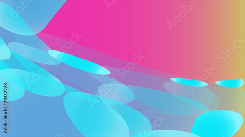 Texture of transparent blue abstract volumetric fashionable magic light air aerial carved circles, curved lines, rhombuses on a purple gradient background and copy space. Vector illustration..