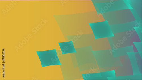 Texture of transparent turquoise abstract volumetric fashionable magic light air aerial carved circles, curved lines, squares on a yellow gradient background and copy space. Vector illustration.