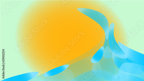 Texture of transparent blue abstract volumetric fashionable magic light air cosmic circles, drops, splashes, waves against a gradient sun background and copy space. Vector illustration.