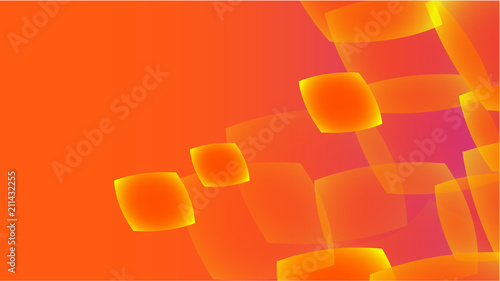 Texture from transparent orange abstract volumetric fashionable magic light air aerial carved circles, curved lines, squares on an orange gradient background and copy space. Vector illustration.