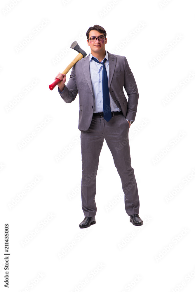 Angry businessman with axe isolated on white Angry businessman with axe isolated on white