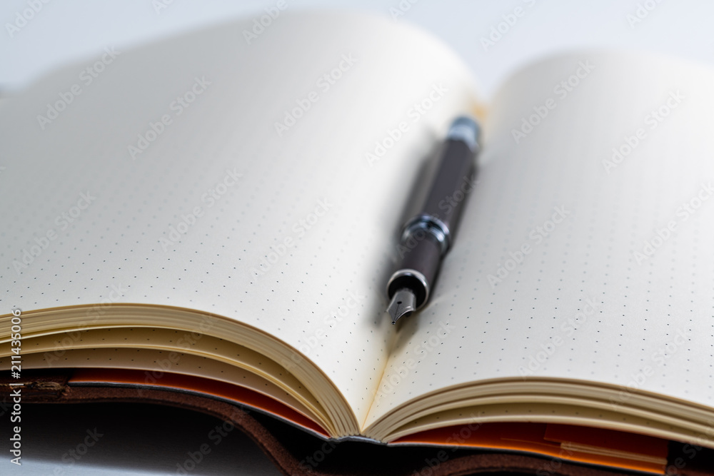 An open blank paper notebook with a classic vintage fountain pen An open blank paper notebook with a classic vintage fountain pen