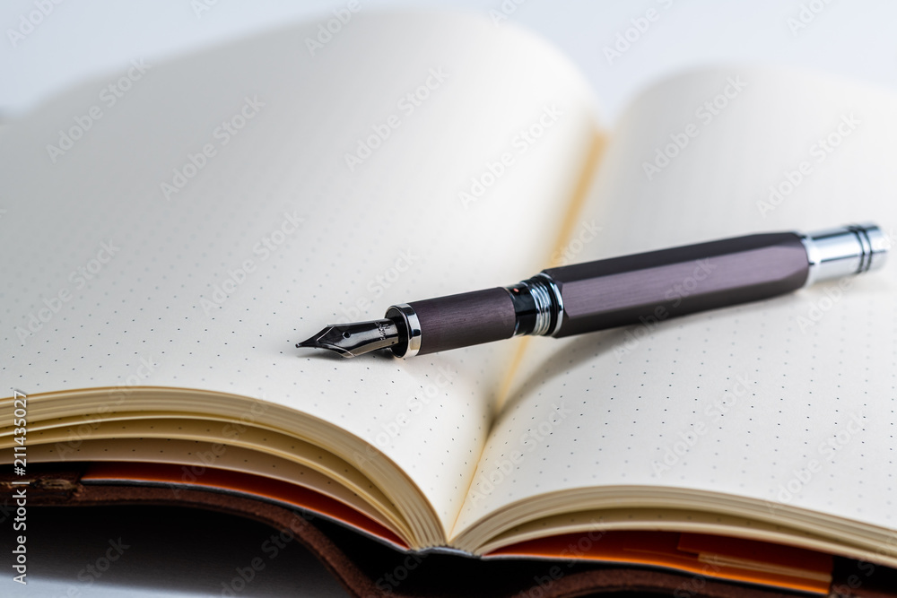 An open blank paper notebook with a classic vintage fountain pen An open blank paper notebook with a classic vintage fountain pen