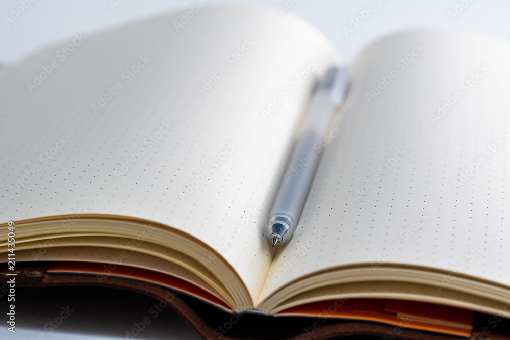 An open blank paper notebook with an uncapped ink pen An open blank paper notebook with an uncapped ink pen