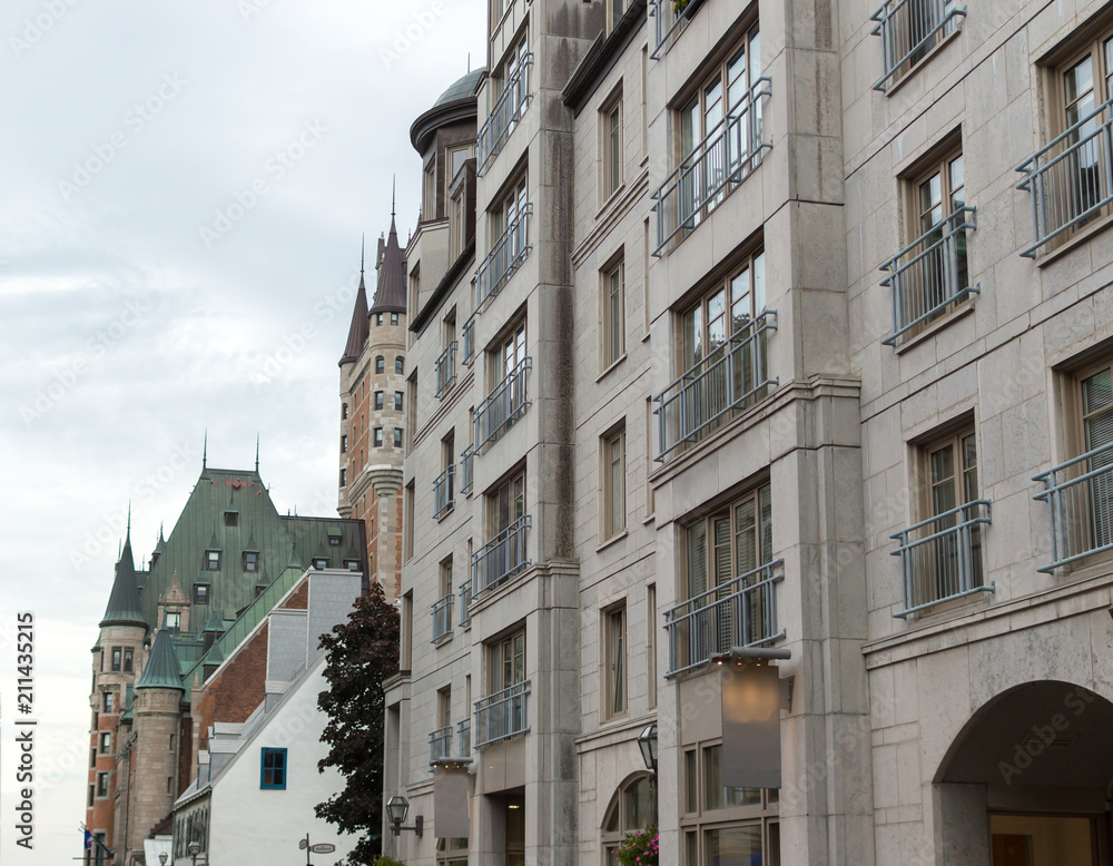 Frontenac castle and modern buildings in Quebec city, Canada
