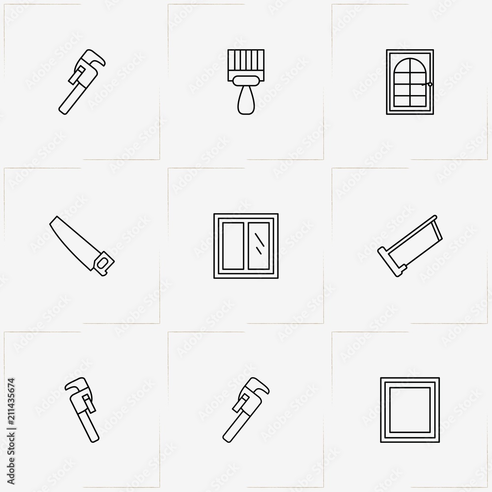 Repairs line icon set with window, putty knife and gas wrench Repairs line icon set with window, putty knife and gas wrench