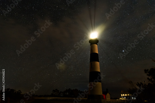 Lighthouse on the outer banks shining brightly in the night in front of clouds and a huge sky full of stars and the milky way