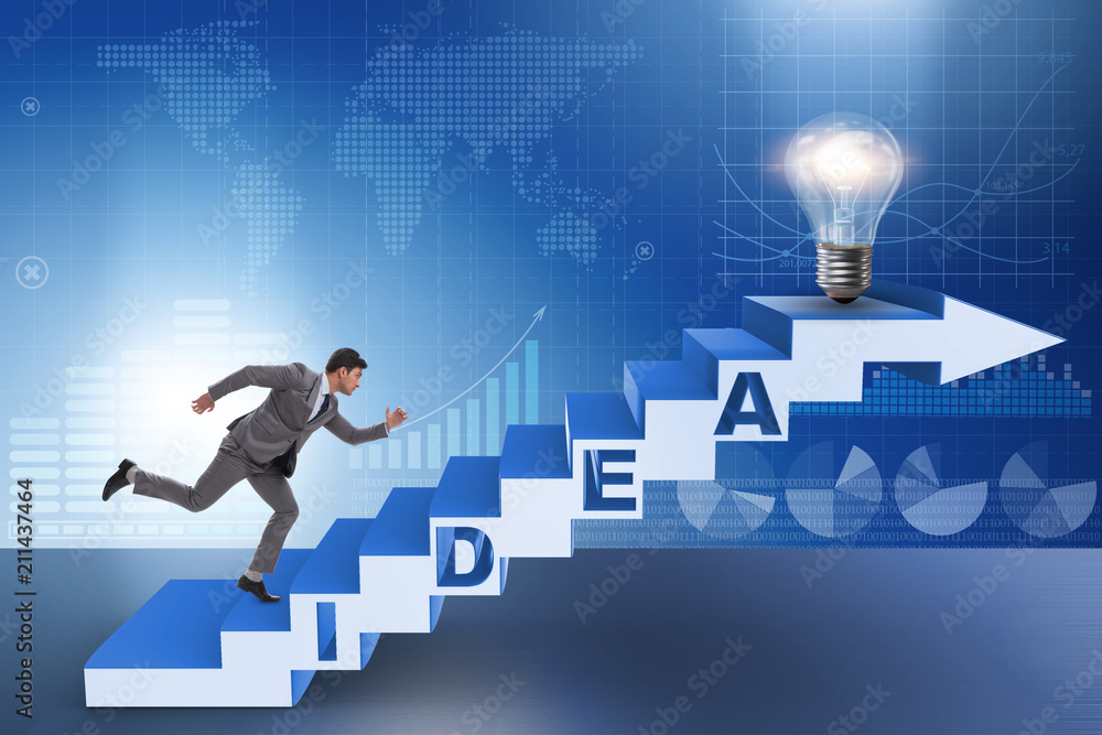 Concept of idea with businessman climbing steps stairs Concept of idea with businessman climbing steps stairs
