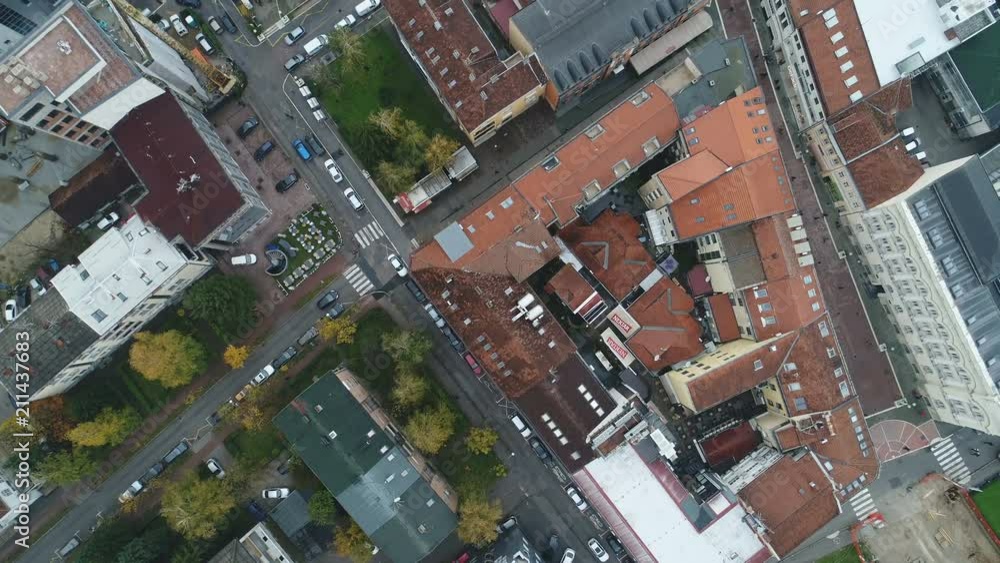 Overhead drone shot flying over commercial and residential neigbhorhoods in downtown Banja Luka, the second largest city in Bosnia and Herzegovina Overhead drone shot flying over commercial and residential neigbhorhoods in downtown Banja Luka, the second largest city in Bosnia and Herzegovina