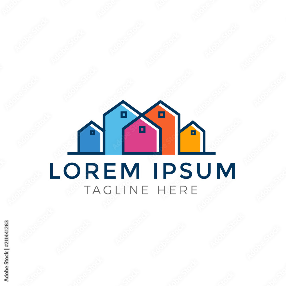 Fototapeta premium Set of colorful multicolored real estate logo designs for business visual identity. Houses and skyscrapers theme