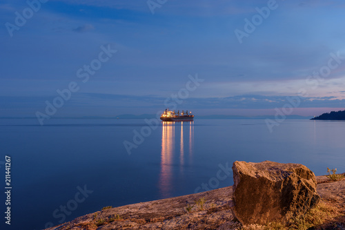 Bulk carrier at night in Burrard Inlet, West Vancouver