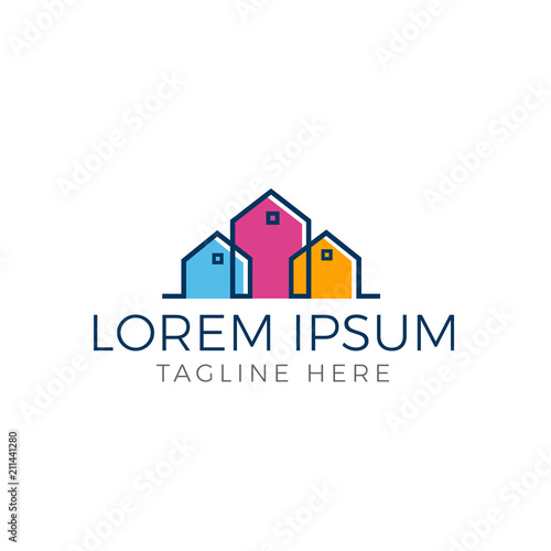 Set of colorful multicolored real estate logo designs for business visual identity. Houses and skyscrapers theme