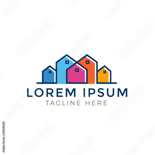 Set of colorful multicolored real estate logo designs for business visual identity. Houses and skyscrapers theme