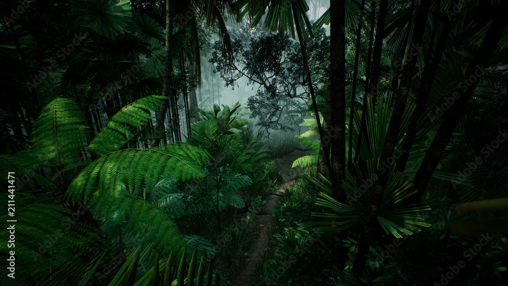 Timelapse view over a beautiful lush green jungle. 3D rendering. - obrazy, fototapety, plakaty 
