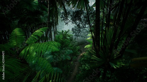 Fototapeta Widok timelapse nad piękną bujną zieloną dżunglą. Renderowanie 3D.
