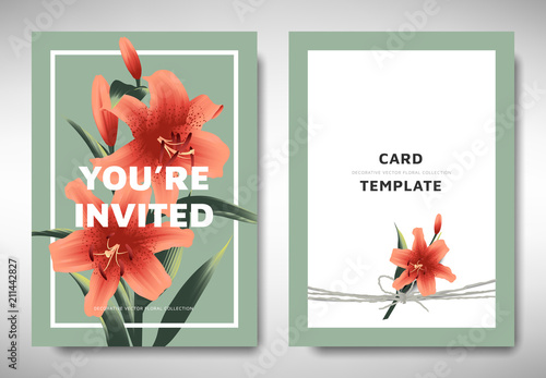 Fototapeta Naklejka Na Ścianę i Meble -  Greeting/invitation card template design, orange lily flowers with leaves on green background, organic/nature theme