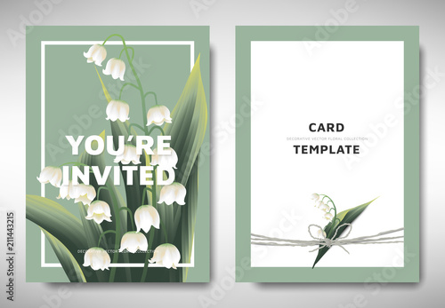 Greeting/invitation card template design, lily of the valley flowers with leaves on green background, organic/nature theme