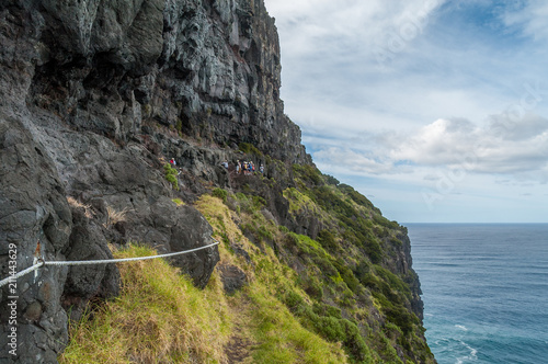 Group of walkers on the Mount Gower track on Lord Howe Island, clinging to the near-vertical mountainside, which falls straight down to the ocean below. photo