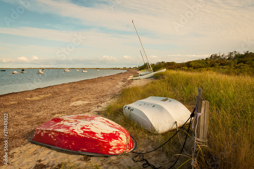 Fishing boats resting on Madaket harbor beach, Nantucket