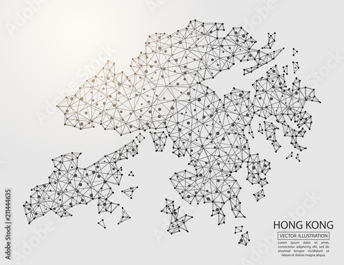 A map of Hong Kong consisting of 3D triangles, lines, points, and connections. Vector illustration of the EPS 10.