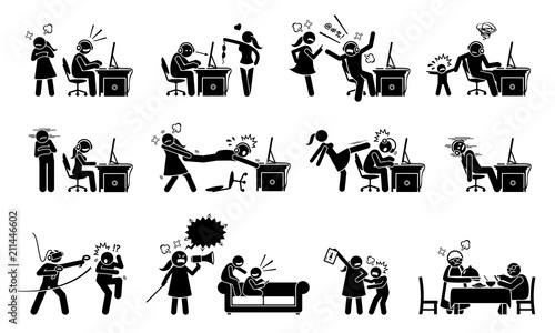 Gaming disorder and gaming addiction. Stick figure icons depict game addict playing computer and smartphone games. They are having a lot of social problem with people around them. 