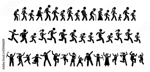 Many people walking, running, and dancing together. Stick figures pictogram depicts a lot of people from young to old marching, marathon, and partying. Crowd celebrate by jumping up and down.
