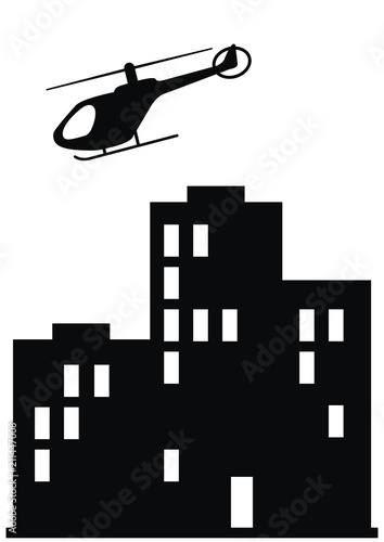 Panel house and helicopter, black vector icon, silhouette