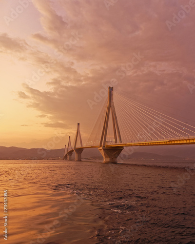 Greece, Rio Antirion suspended bridge in the twilight