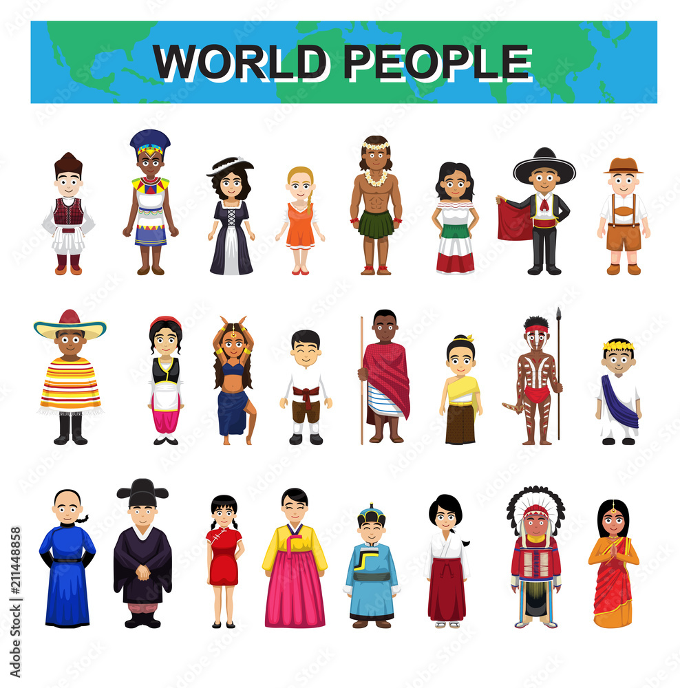 World Traditional People Costume Diversity Cute Characters Cartoon Set Vector Illustration
