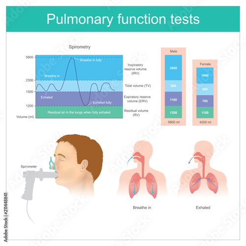 Pulmonary function tests. Testing for volume of air in the lungs during breathe in and exhaling fully.