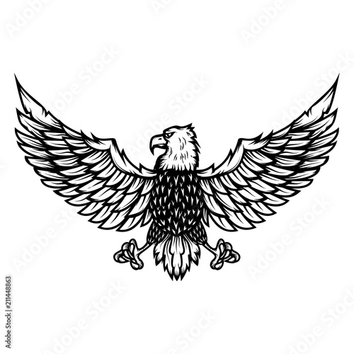 Eagle illustration on white background. Design element for poster, card, print, logo, label, emblem, sign.
