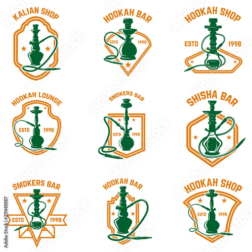 Set of hookah labels. Design element for logo, emblem, print, badge, poster.